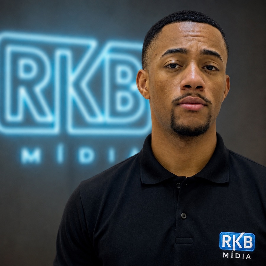 Kayque Rocha, CEO da RKB Mídia, em frente ao letreiro neon da RKB